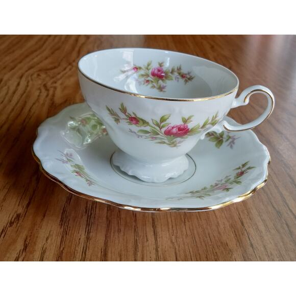 Vintage Johann Haviland Footed Cup & Saucer Moss Rose Pattern Collectible - Picture 1 of 7
